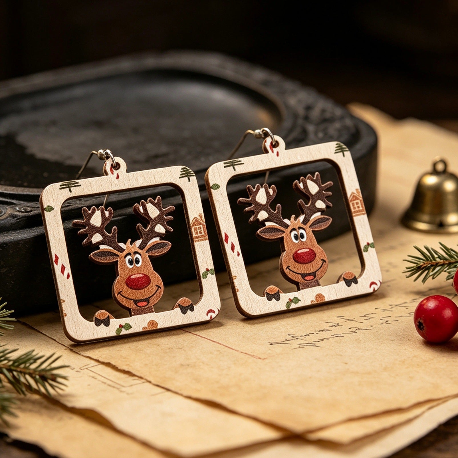Wholesale Christmas Reindeer Themed Wooden Earrings Square Hollow Holiday Design Jewelry For Boutique Resale