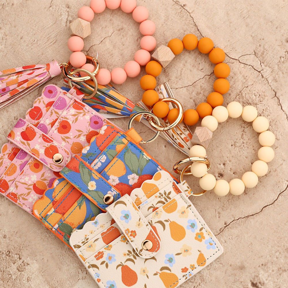 Wholesale  bead  ocean print mushroom leather Wristlet Keychain