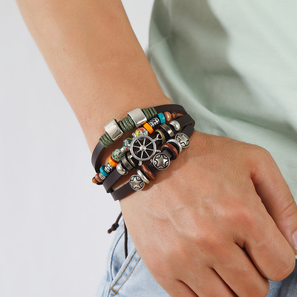 Wholesale 2PCS Leather Ethnic Style Multi-Layer Bracelet