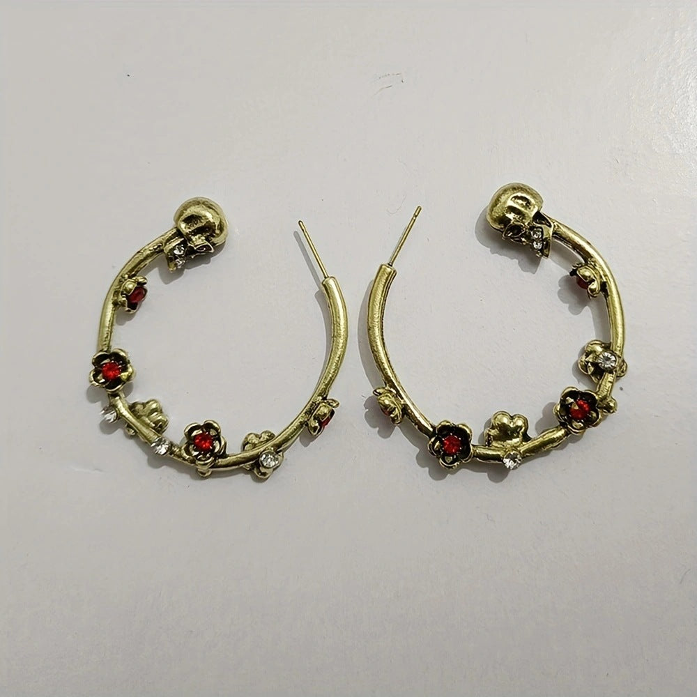 Wholesale Ancient Gold Alloy Skull Flower Hoop Earrings Electroplated Fashion Jewelry Accessory for Women Boutique Resale