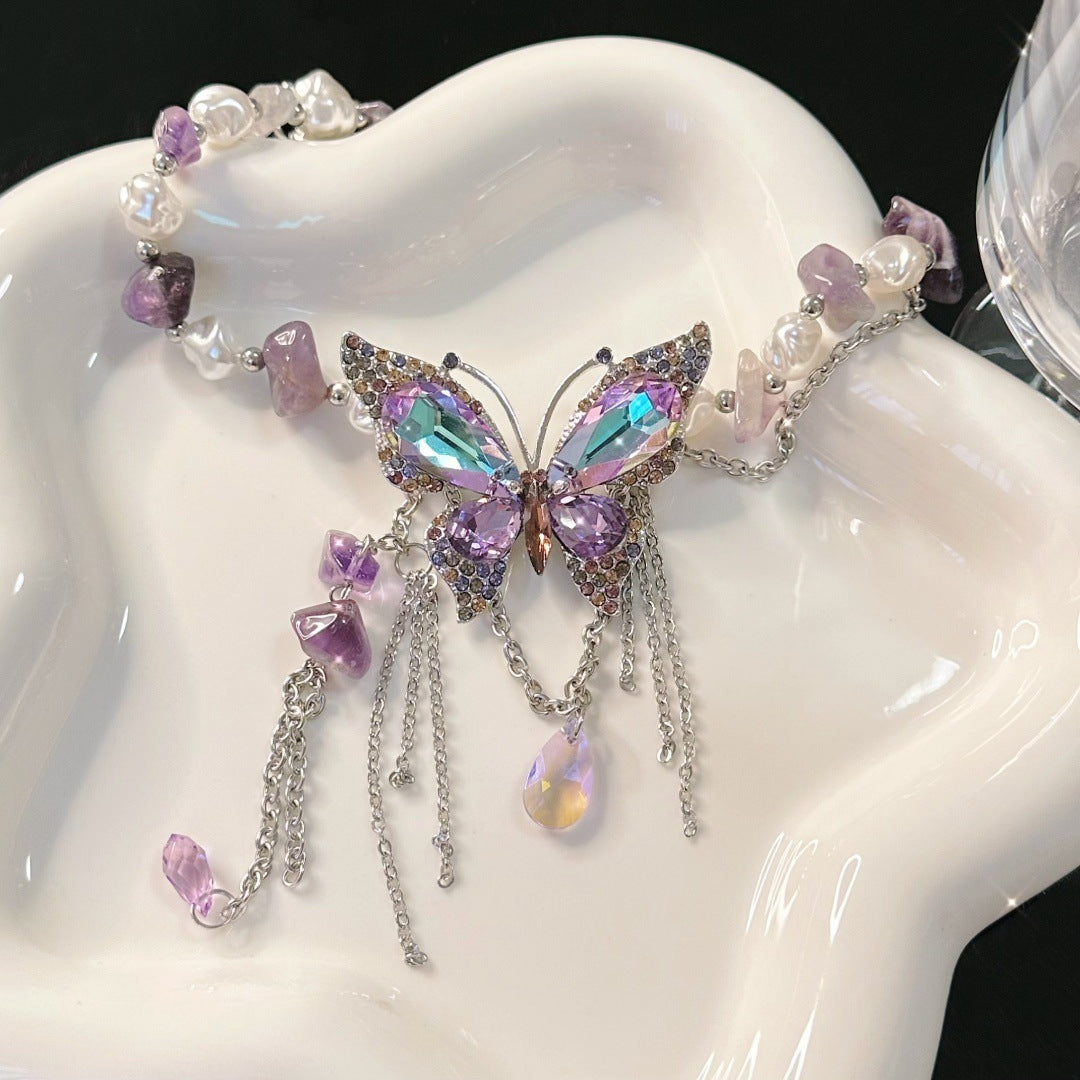 Wholesale Zircon Color Butterfly Irregular Pearl Purple Stone Beaded Necklace