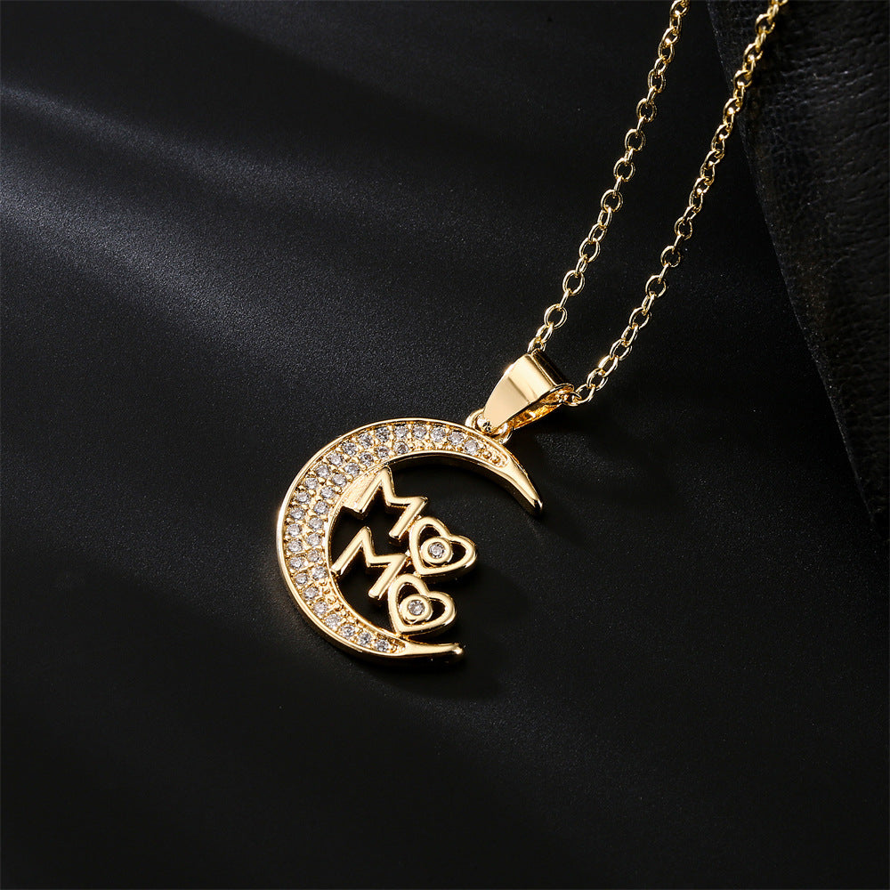 Wholesale Mother's Day Copper Plated 18K Gold Zircon Star Moon MAMA Pendant Necklace ACC-NE-AG005