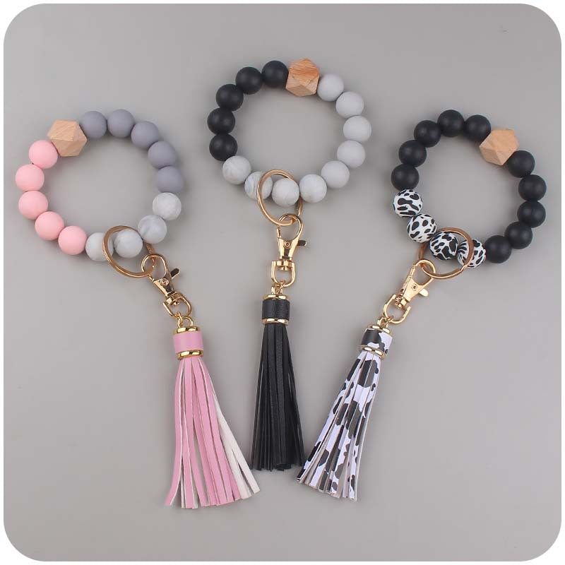 Wholesale  leather PU tassel silicone bracelet wrist keychain