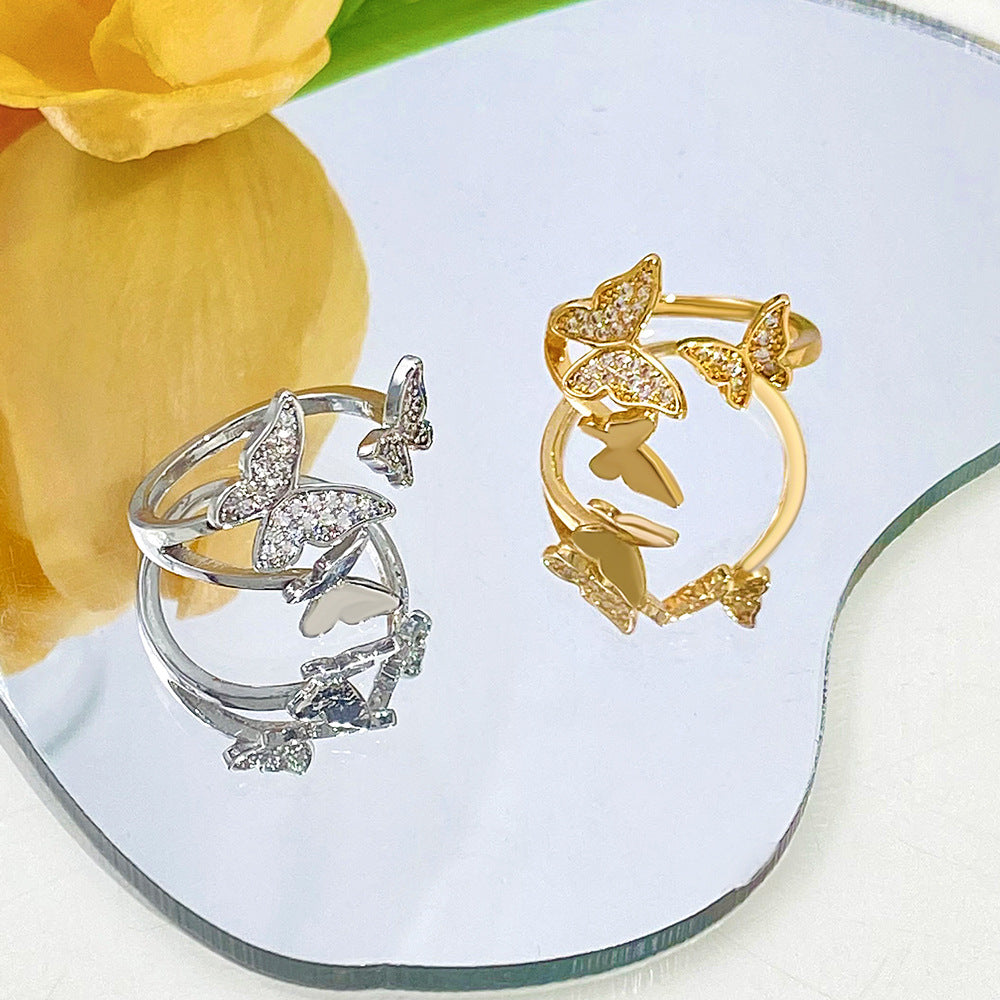 Wholesale Three copper and diamond butterfly rings