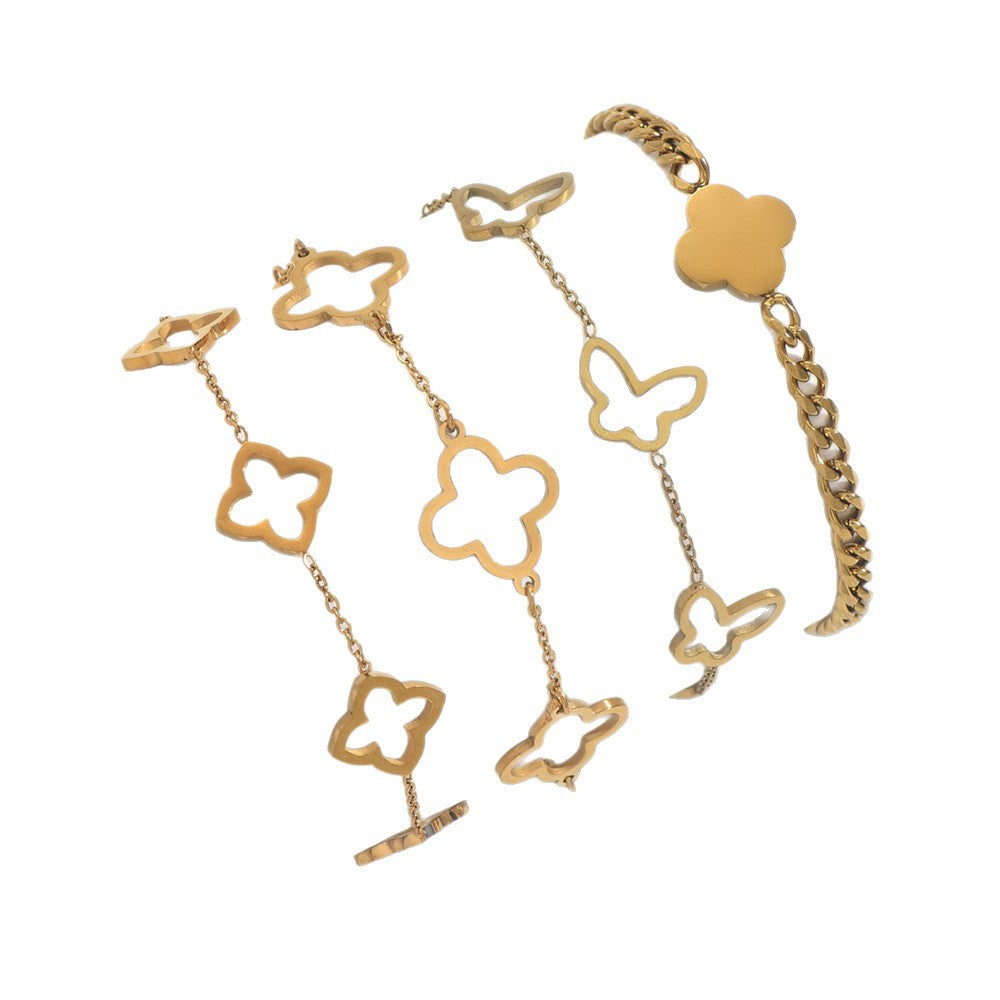 Wholesale Cross-Border Titanium Steel Four-Leaf Clover Lucky Hollow Flower Design Fashionable and Simple Factory Wholesale Direct Sales Bracelet for Women Hot Style