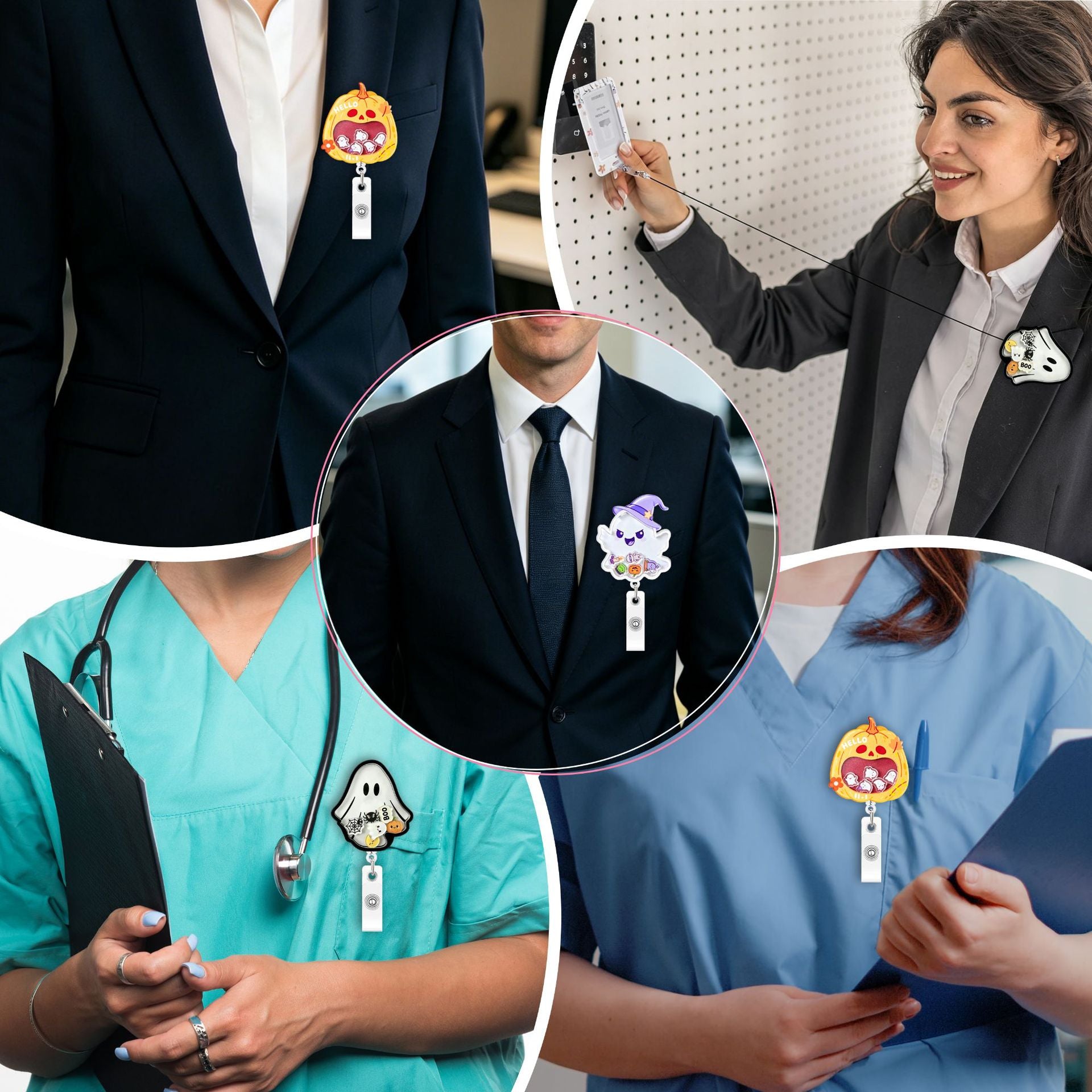 Wholesale Shake-Shake  Acrylic Ghost Pumpkin Easy-Pull Buckle Cute Telescopic ID Holder Decompression Decoration Badge Holder