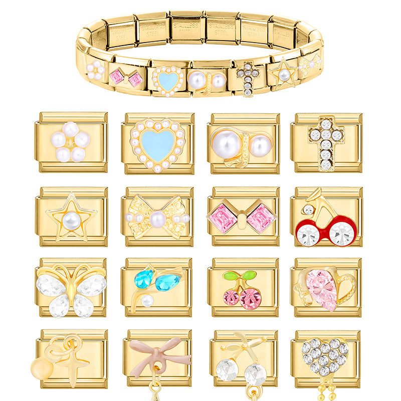 Wholesale Italian Beaded Bracelet 9mm DIY Splicing Removable Gold Bottom Diamond Pendant Series Stainless Steel Combinable Bracelet