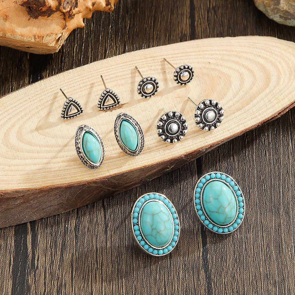 Wholesale retro western turquoise flower love earrings suit