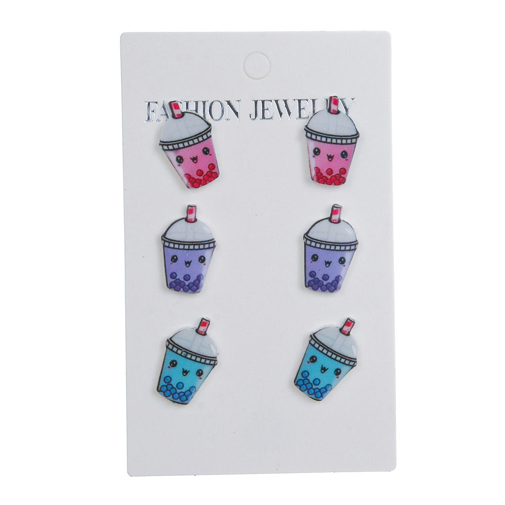Wholesale  Acrylic Cartoon Pearl Milk Tea Drink Cup Three-Piece Set Earrings
