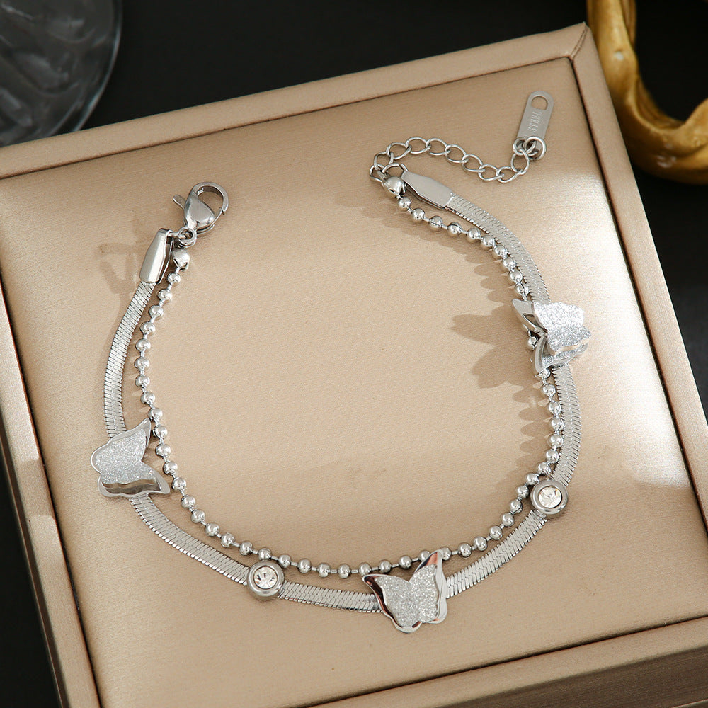 Wholesale  Titanium Steel Bracelet Women's Light Luxury Personalized Double-layer Butterfly Frosted Bracelet