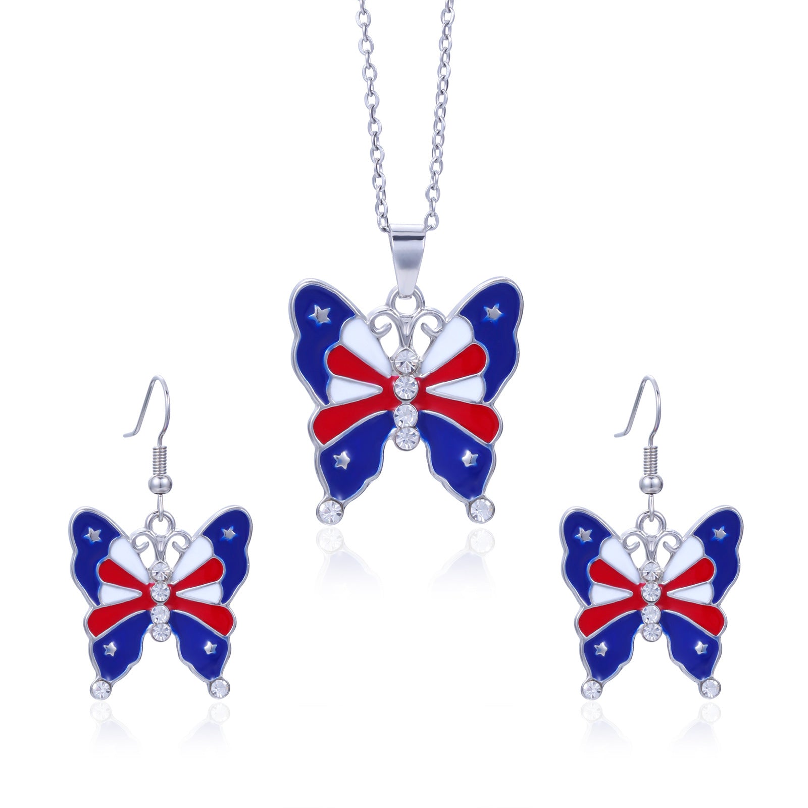 Wholesale American Independence Day Alloy Diamond Flag Stripe Earrings Necklace Set ACC-ES-BinLi001