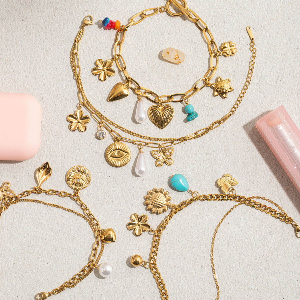 Wholesale  18K Gold Stainless Steel with Pearl Butterfly Drop-Shaped Pearl Bracelet