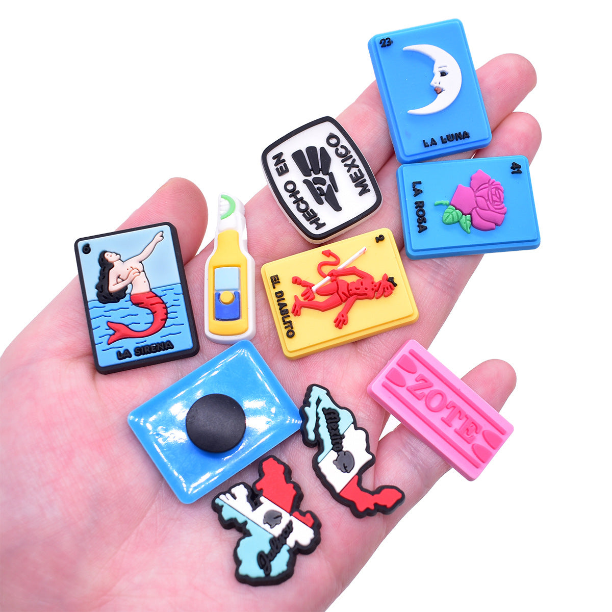 Wholesale Random 100pcs Cartoon Mexican Playing Cards Clogs PVC Soft Rubber Slippers Decoration Shoes Charms ACC-SC-RYY036