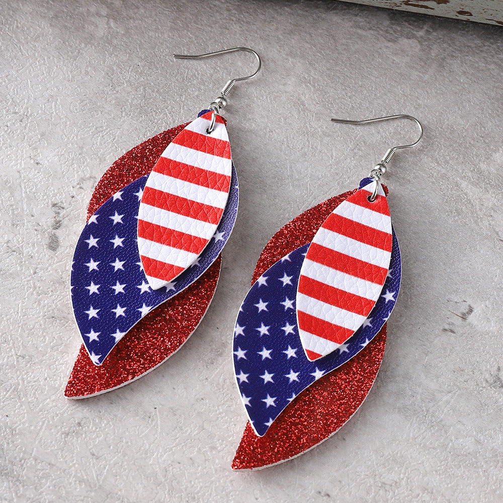 Wholesale Independence Day Red Blue White Stars Striped Sequin Triple Blade Pendant Leather PU Double Sided Earrings