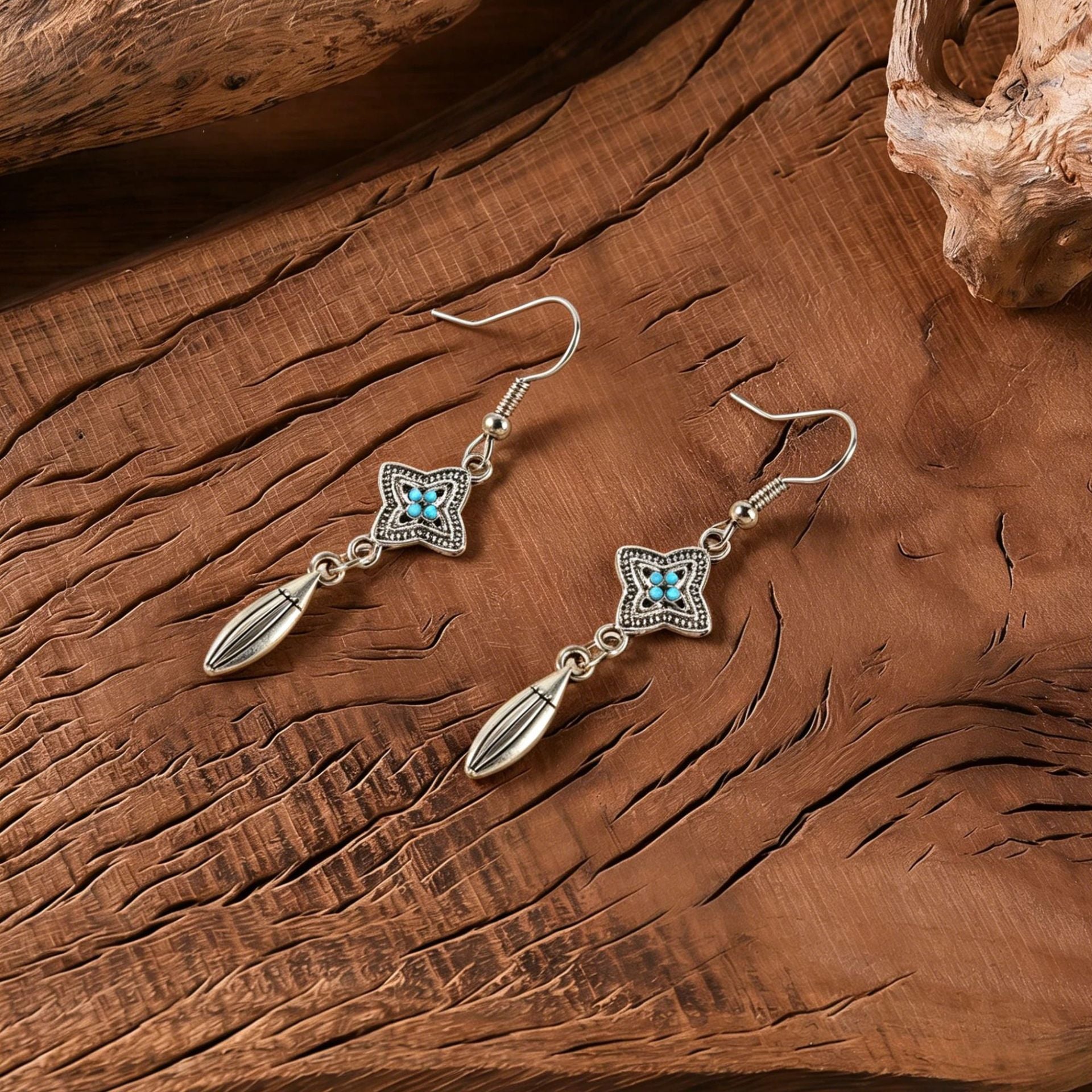 Wholesale Zinc Alloy Bohemian Blue Turquoise Rhombus Drop Earrings Vintage Carved Pendant Earrings Fashion Jewelry Accessory For Boutique Resale