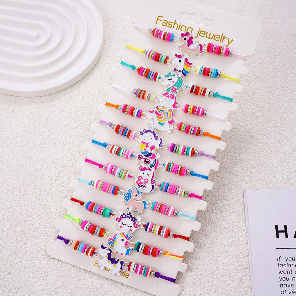 Wholesale Colorful polymer clay beaded cartoon animal pattern bracelet hand-woven adjustable size children' s jewelry