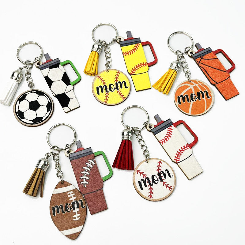 Wholesale Chic Wooden Tassel Keychain For Sports Mom Football Basketball Key Sleeve Car Key Accessory Water Cup Pendant Gift For Women