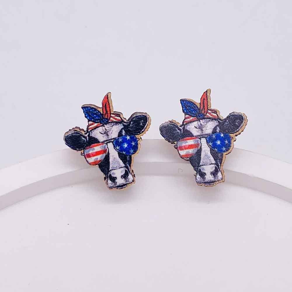 Wholesale American Flag Independence Day Wooden Stud Earrings Heart Shape Pentagram Sunflower Earrings ACC-ES-Cheny007