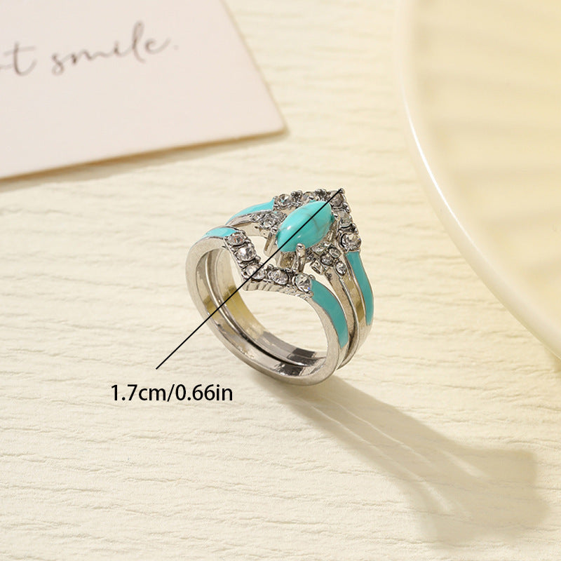 Wholesale Chic Retro 3-Piece Ring Set - Silver Tone Zinc Alloy with Rhinestone and Turquoise Accents,  Fashion Jewelry Accessory for Women