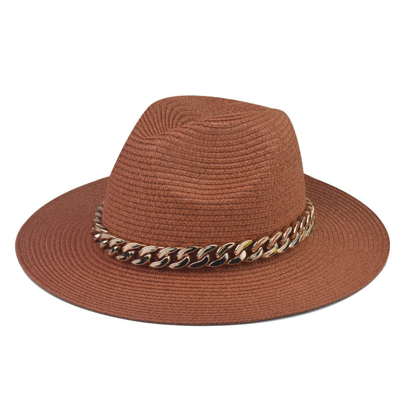 Wholesale Trendy Wide Brim Straw Hat With Gold Chain Decoration Flat Top Khaki Sun Hat For Summer Casual Wear