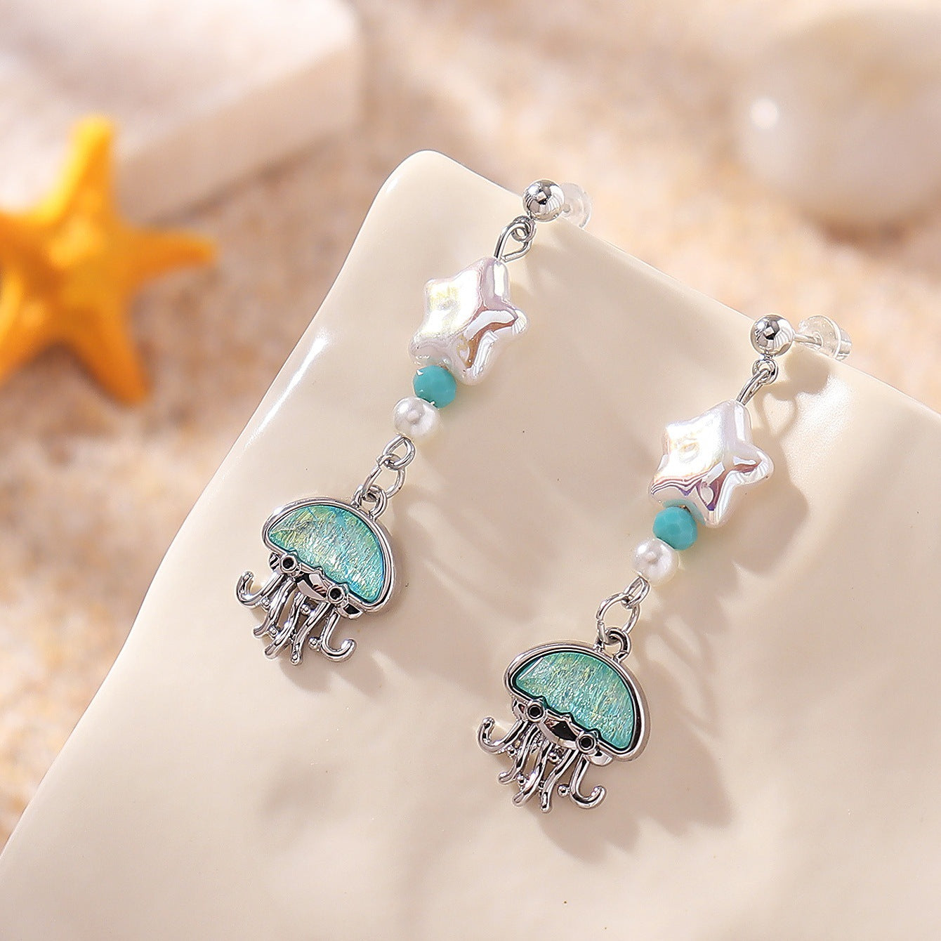 Wholesale Ocean Series Aquamarine Cute Fantasy Jellyfish Alloy Pendant Earrings