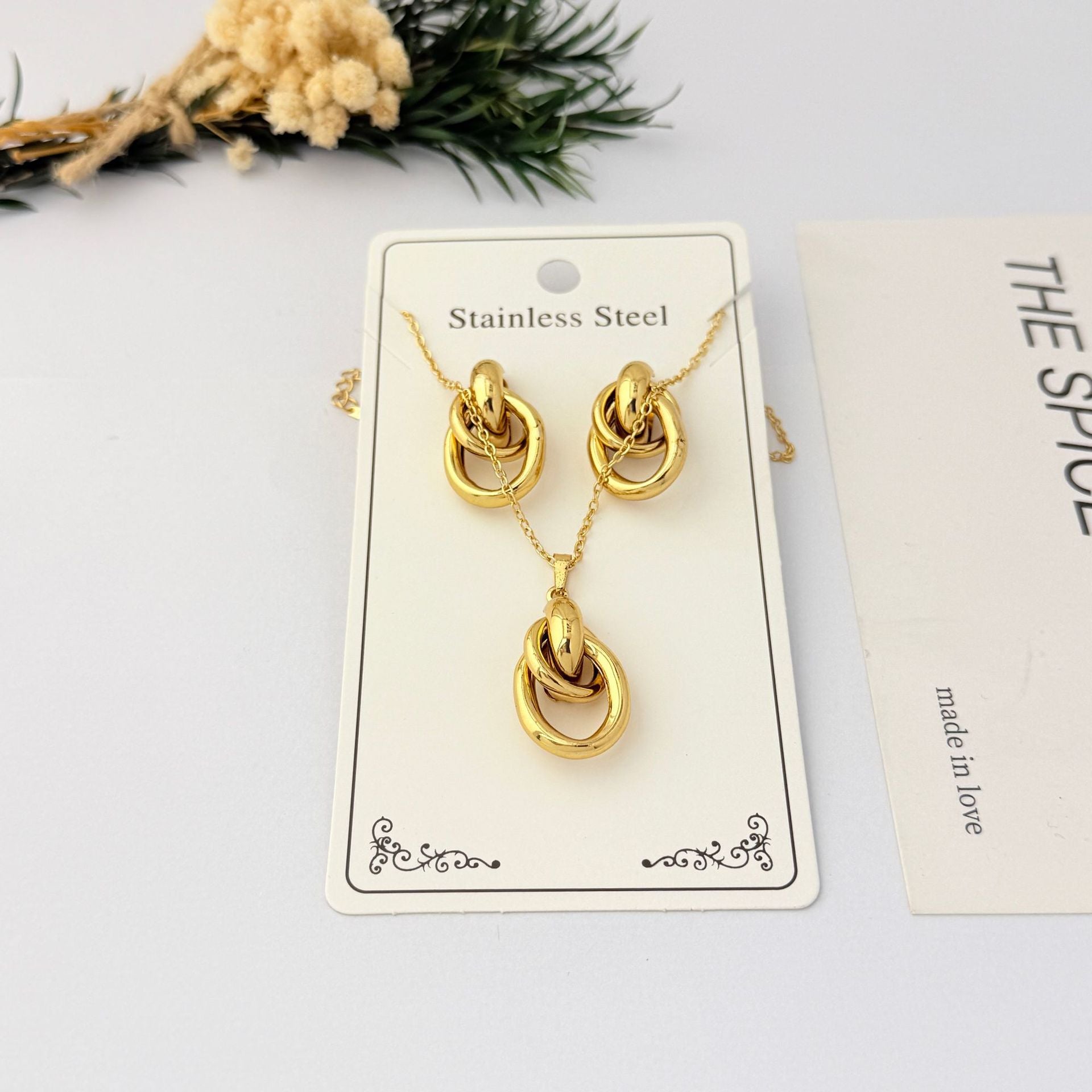 Wholesale Geometric Gold Plated Stainless Steel Necklace Earring Set for Party Boutique Jewelry