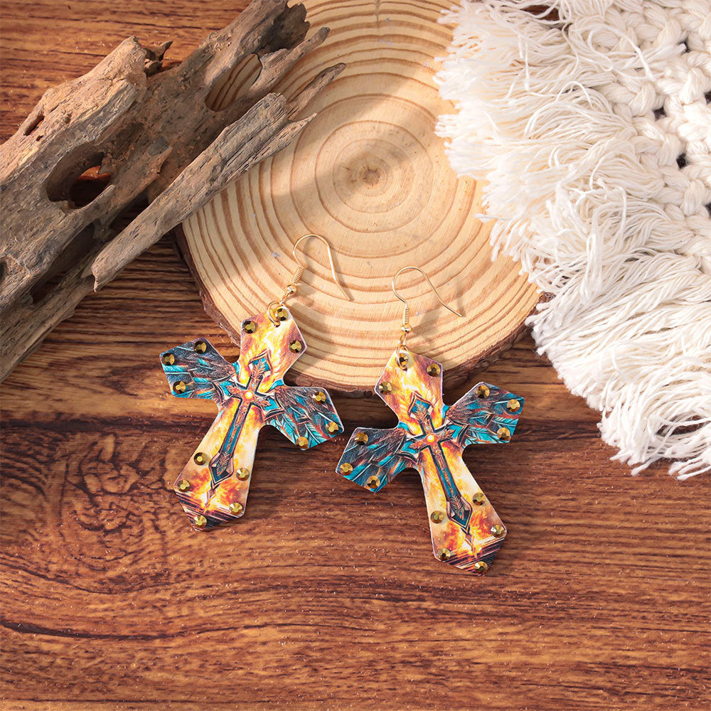 Wholesale Western style colorful rhinestone cross earrings