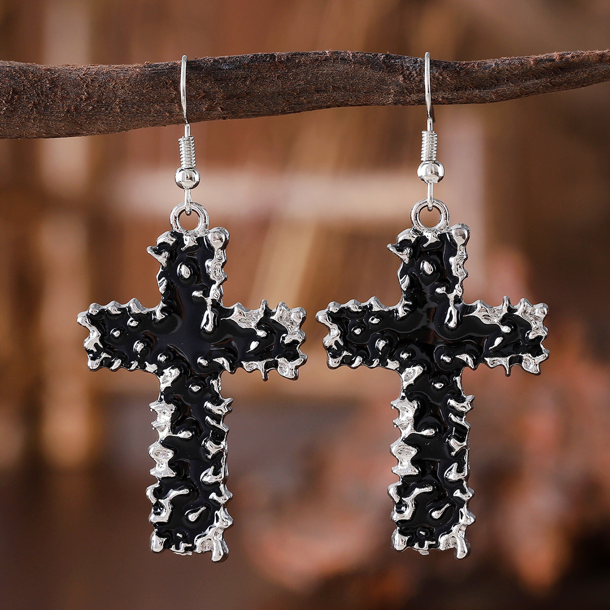 Wholesale Street-Style Cross Necklace and Earring Set,  Black Lava Finish,  Zinc Alloy,  for Women,  Trendy Fashion Accessory