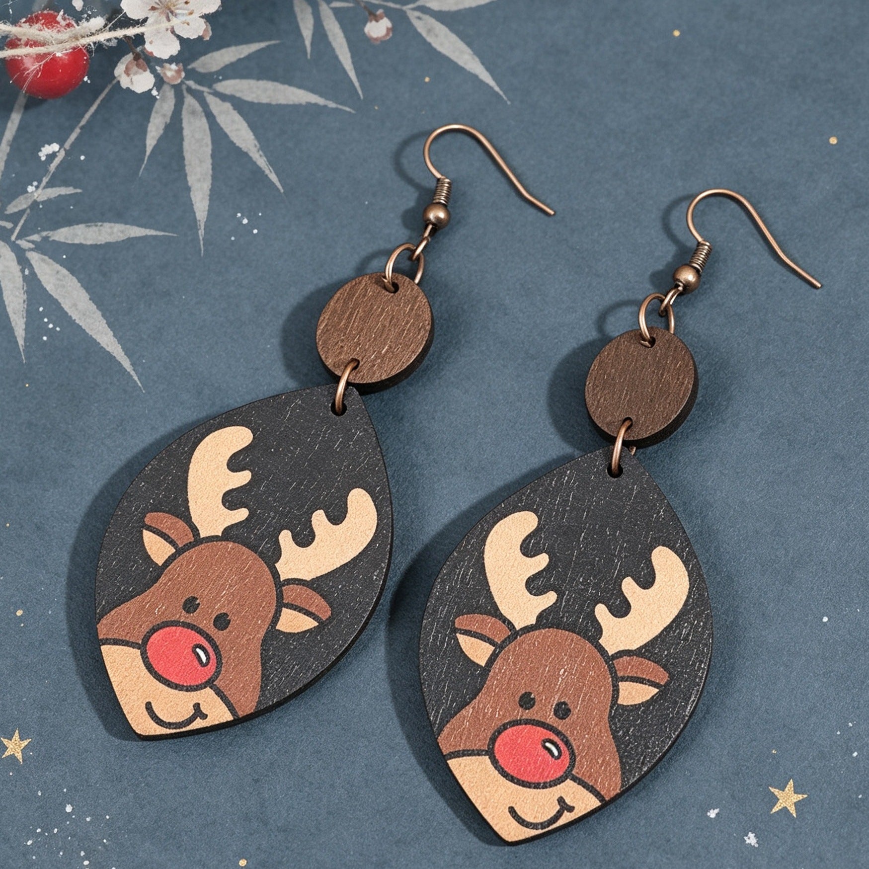 Wholesale Fashion Christmas Reindeer Wooden Geometric Dangle Earrings Jewelry Accessory For Party Boutique Resale