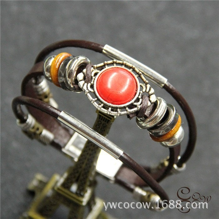Wholesale Handwoven Leather Turquoise Bracelet Men Unisex Trendy Jewelry Accessory