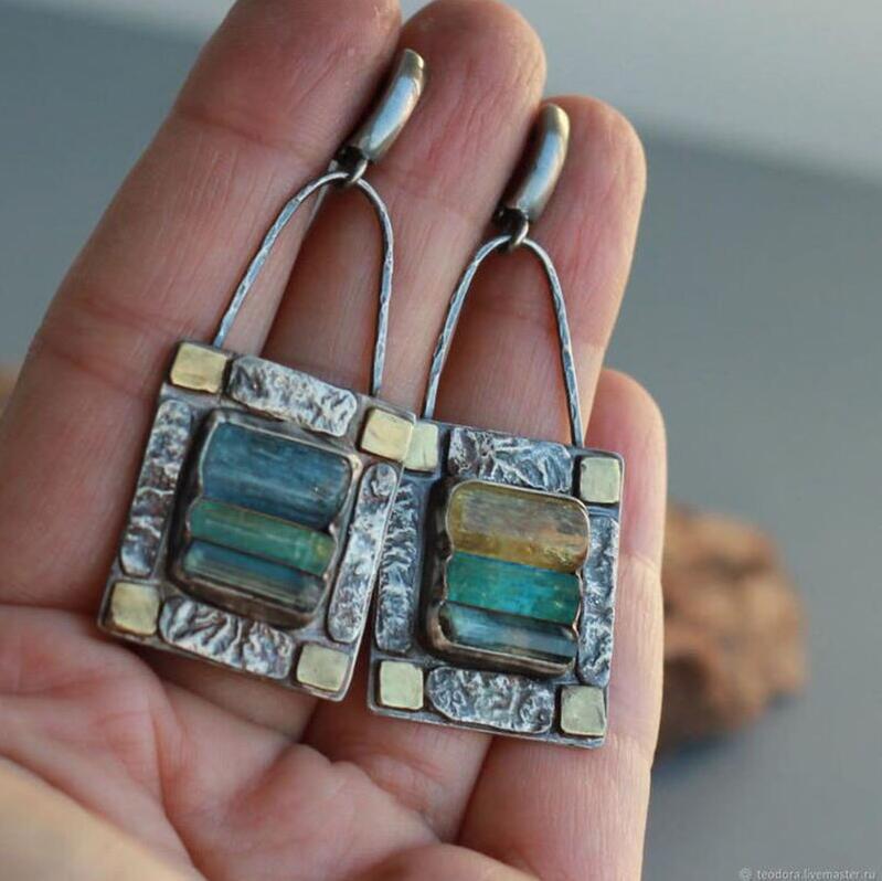 Wholesale Vintage Tribal Geometric Zircon Drop Earrings Green Blue Crystal Stone Jewelry Accessory