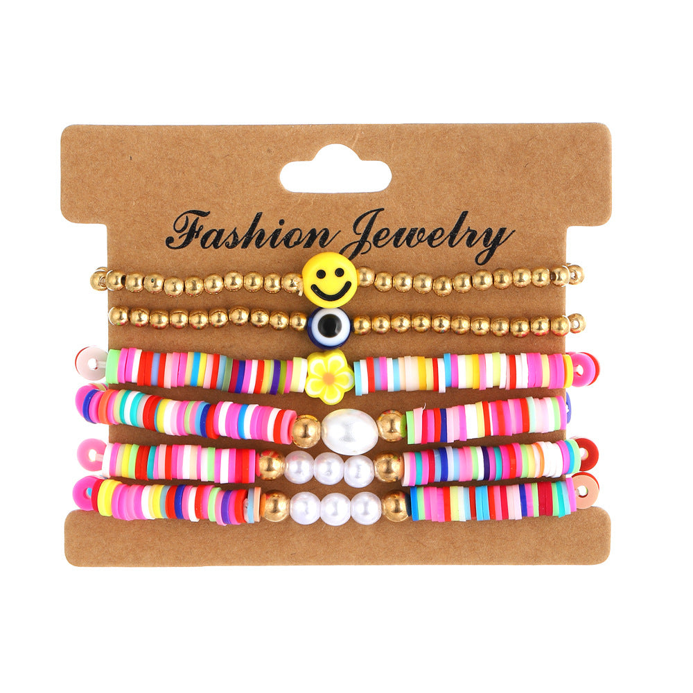 Wholesale Summer Colorful Soft Clay Pieces Smiling Face Beaded Elastic Bracelet Set ACC-BT-MY004