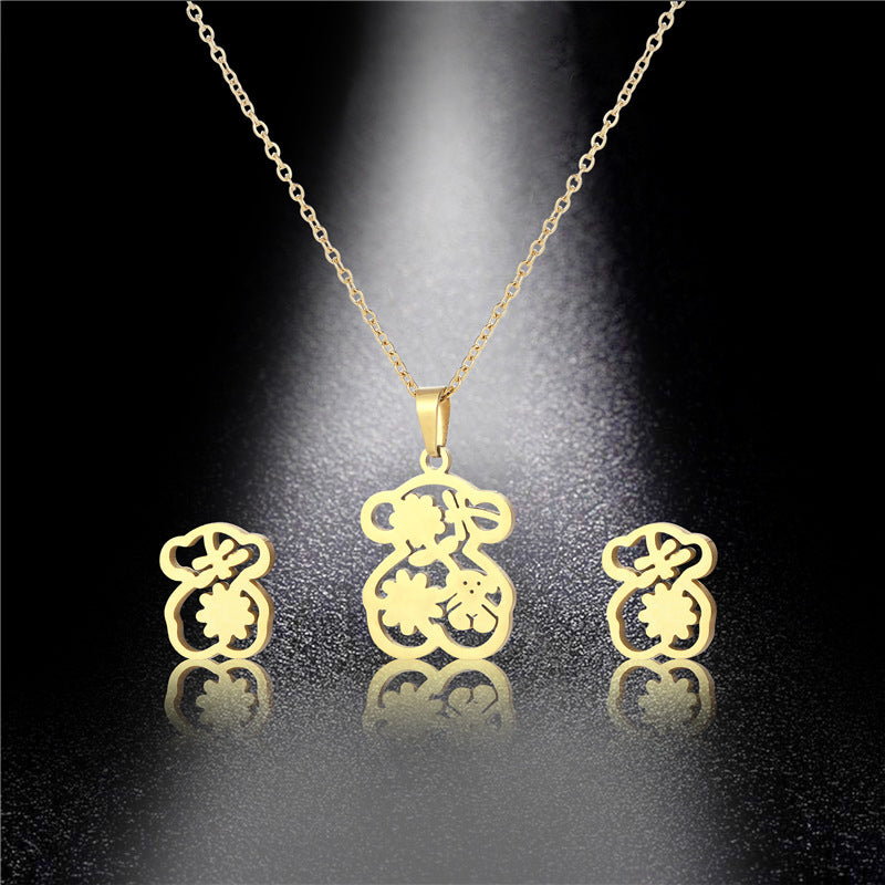 Wholesale 304 Stainless Steel 18K Gold Cute Bear Earrings Necklace Set ACC-ES-MinM007