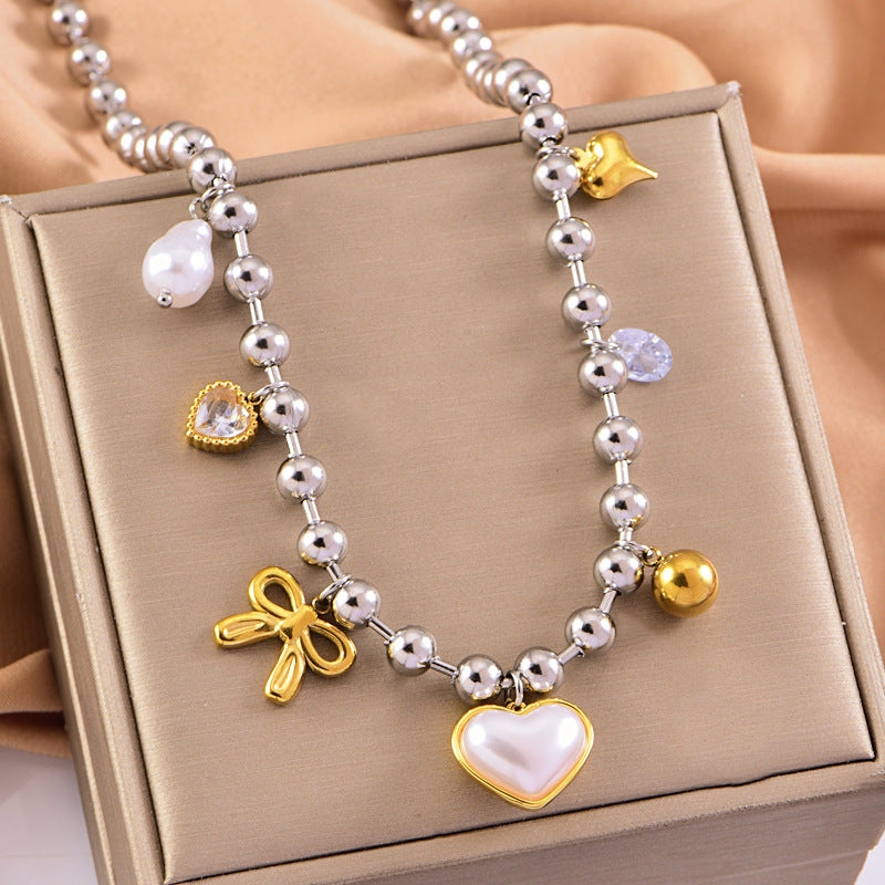 Wholesale Stainless steel two-color mix-and-match beaded thick necklace