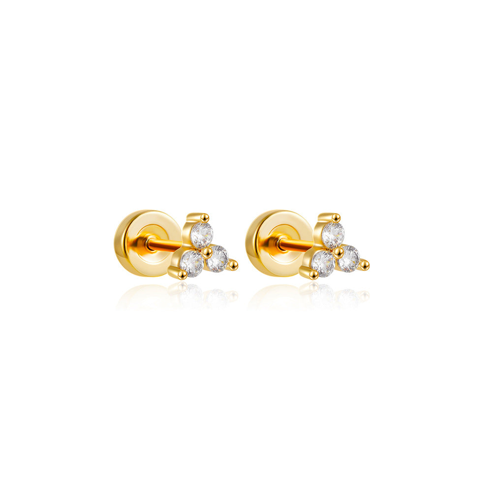 Wholesale European and American Cross-border Stainless Steel 18K Gold Puncture Zircon Ear Nail Nail Nail Straight Screw Ear Nail Titanium Steel Ear Jewelry
