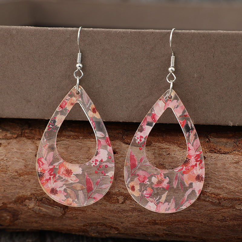 Wholesale hollow water drop printing flower acrylic ladies earrings