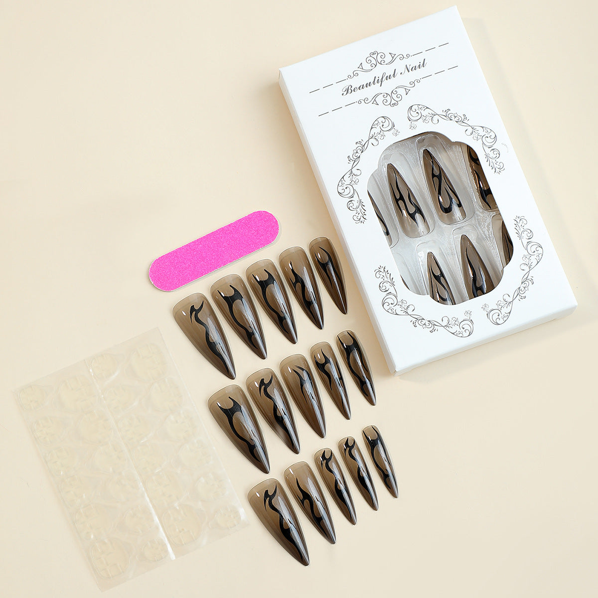 Wholesale Nail Stickers Dark Color White Long Pointed High Quality Wearable Nail Patch Manicure Patch Irregular Flame Stripe Nails ACC-NS-HaoYi018