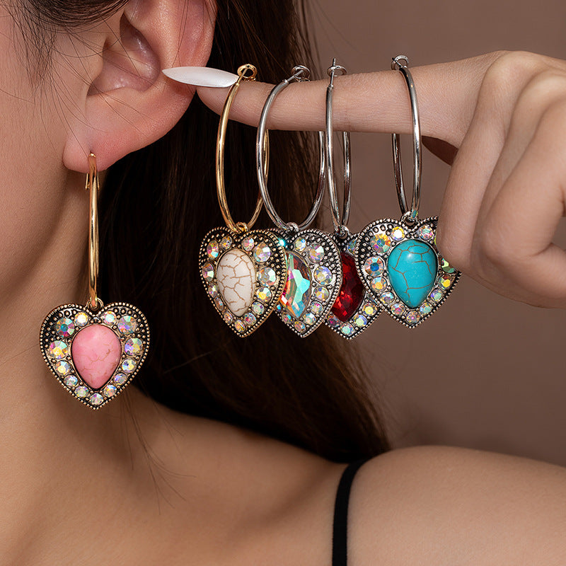 Wholesale Bohemian Heart-Shaped Turquoise Earrings with Diamond-Like Accents - Trendy Everyday Jewelry Accessory