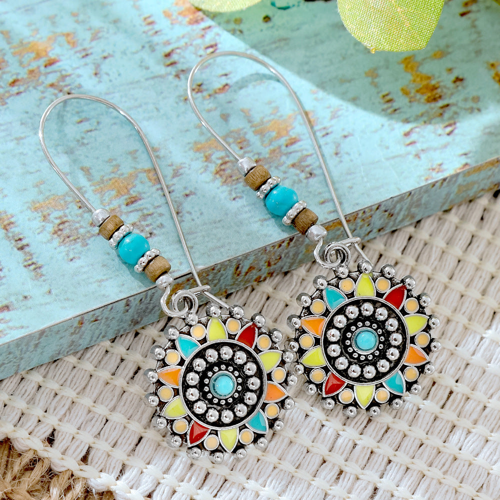 Wholesale Alloy Retro Ethnic Turquoise Bohemian Geometric Oil Drip Earrings Jewelry Accessory