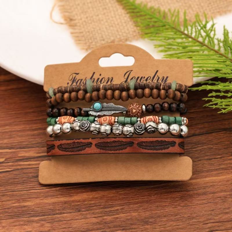 Wholesale Bohemian  Shell Wood Beads Beaded Soft y Pearl Stone Leather Bracelet