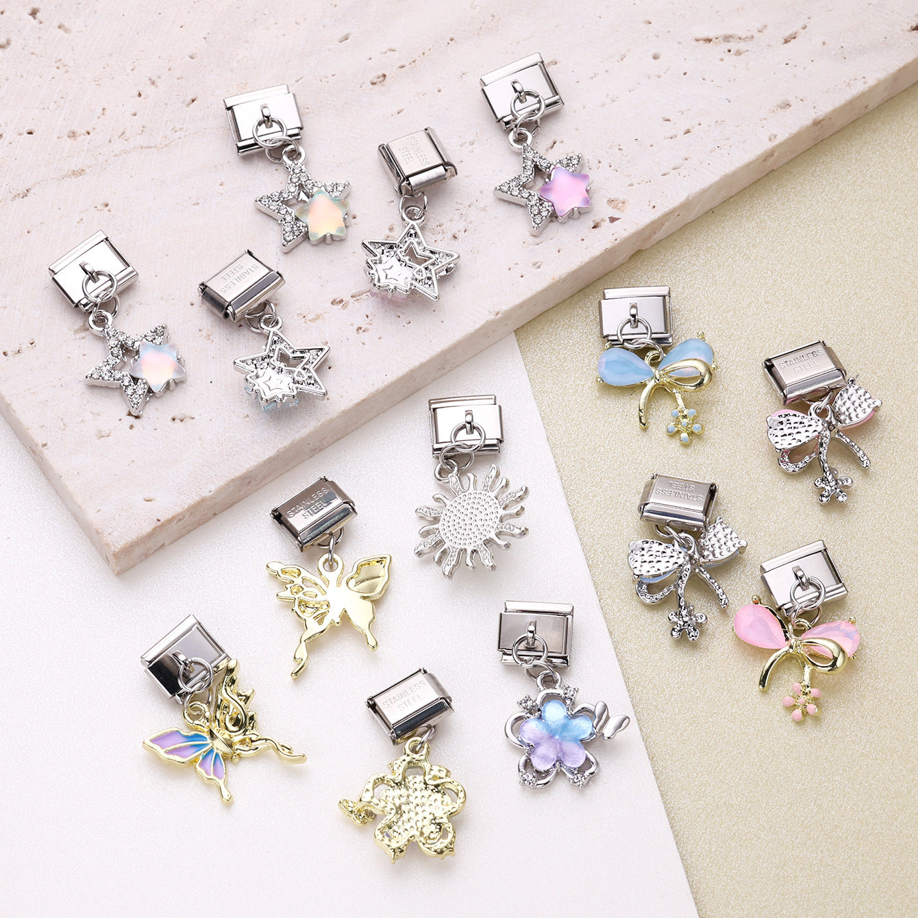 Wholesale 10pcs Italian Charm Bracelet 9mm DIY Splicing Star Butterfly Flower Stainless Steel Composable Bracelet