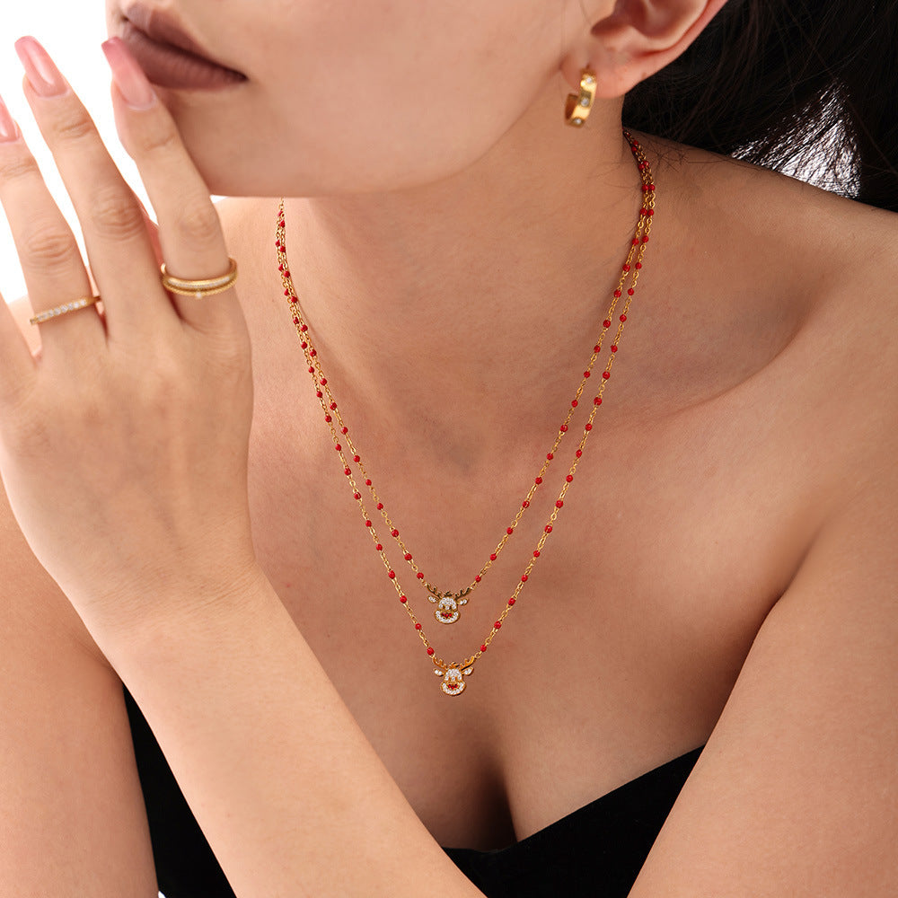 Wholesale Stainless Steel Christmas Bell Elk Zircon Necklace