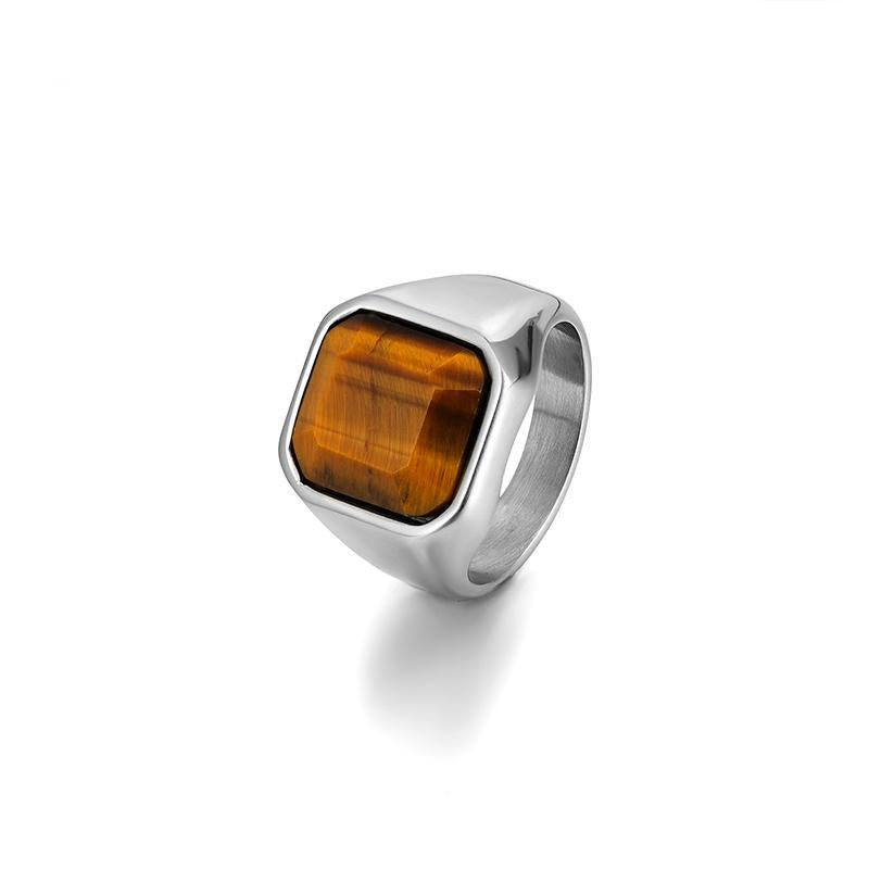 Wholesale Tiger Eye Natural Stone Titanium Steel Gold Stainless Steel Men's Gemstone Ring ACC-RS-Qiaoa001