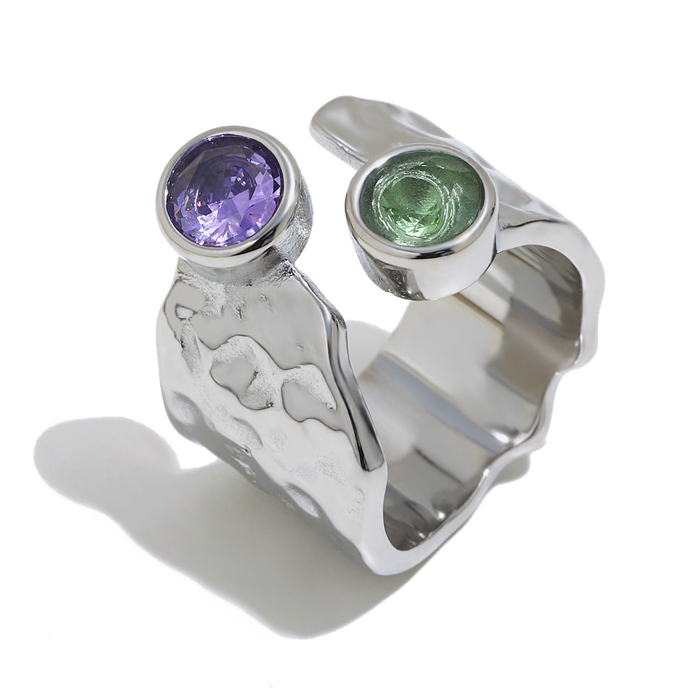 Wholesale Niche Retro Hammered Open Ring Stainless Steel 18K Plated Colorful Women' s Chic Everyday Accessory