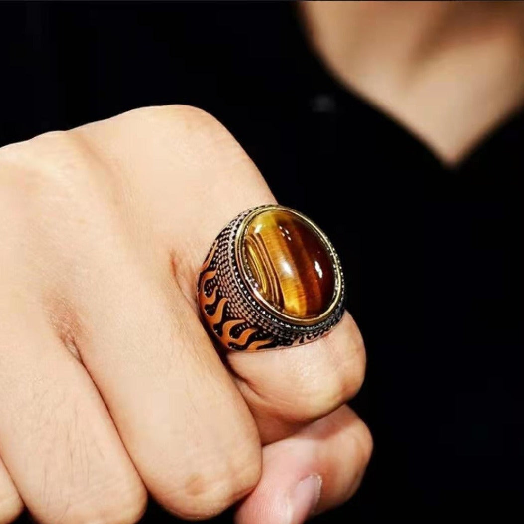 Wholesale Antique Silver Zinc Alloy Tiger Eye Flame Geometric Ring Unisex Fashion Accessory Gift Boutique Resale