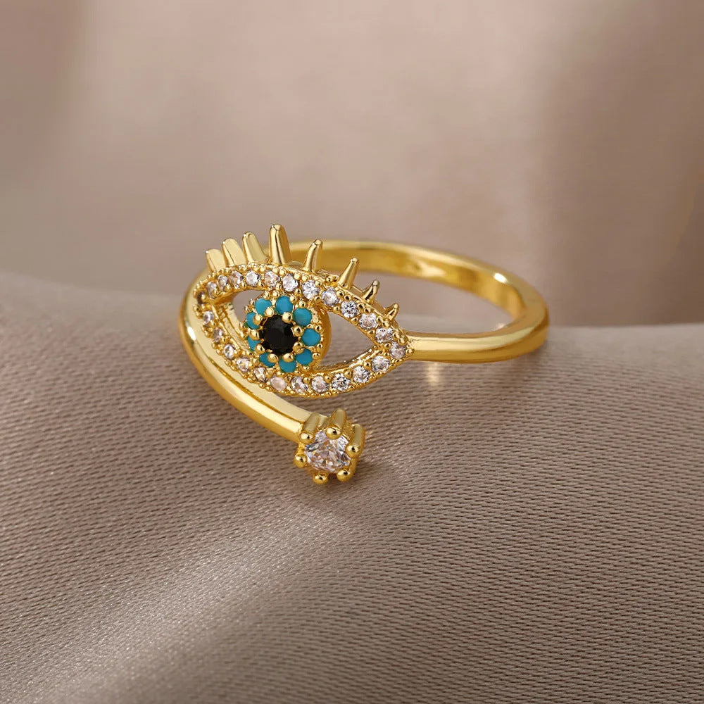 Wholesale Evil Eye Adjustable Ring Gold Plated Stainless Steel Zircon Jewelry Accessory