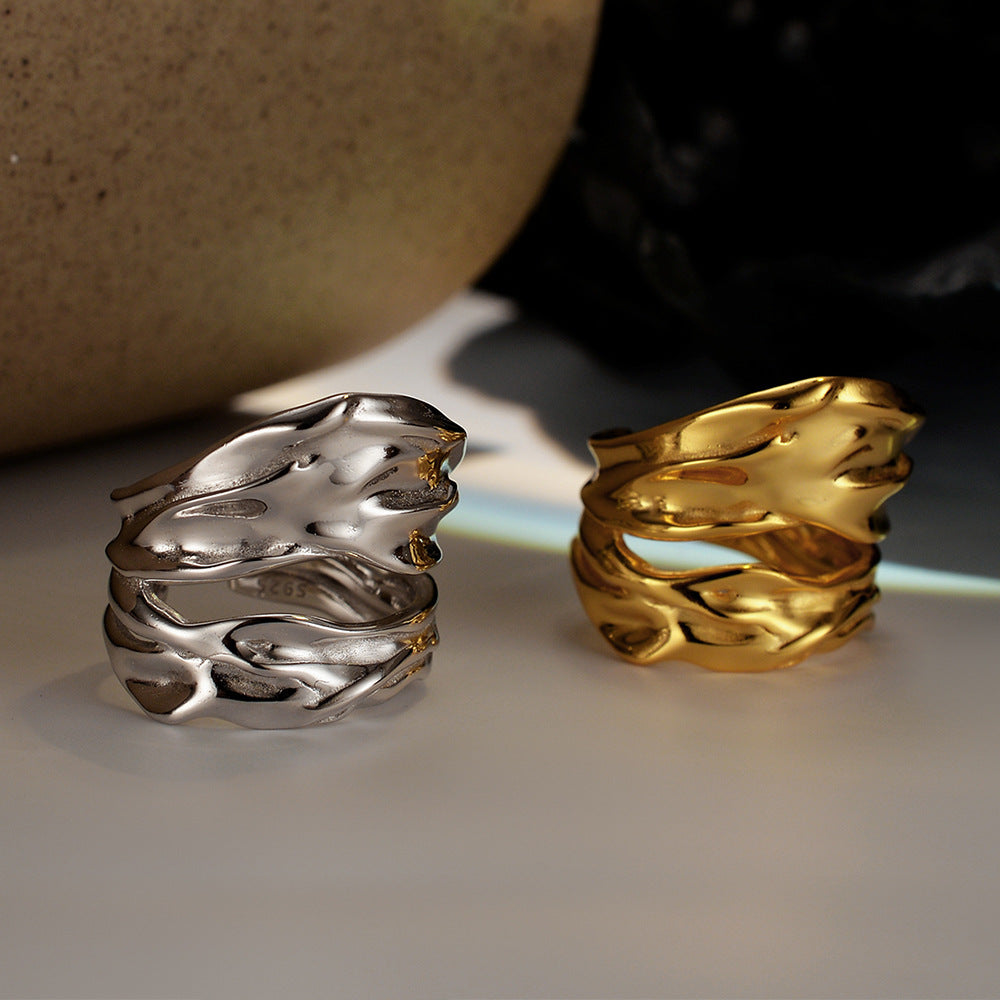 Wholesale S925 Sterling Silver Hollow Origami Texture Rings ACC-RS-YWE012