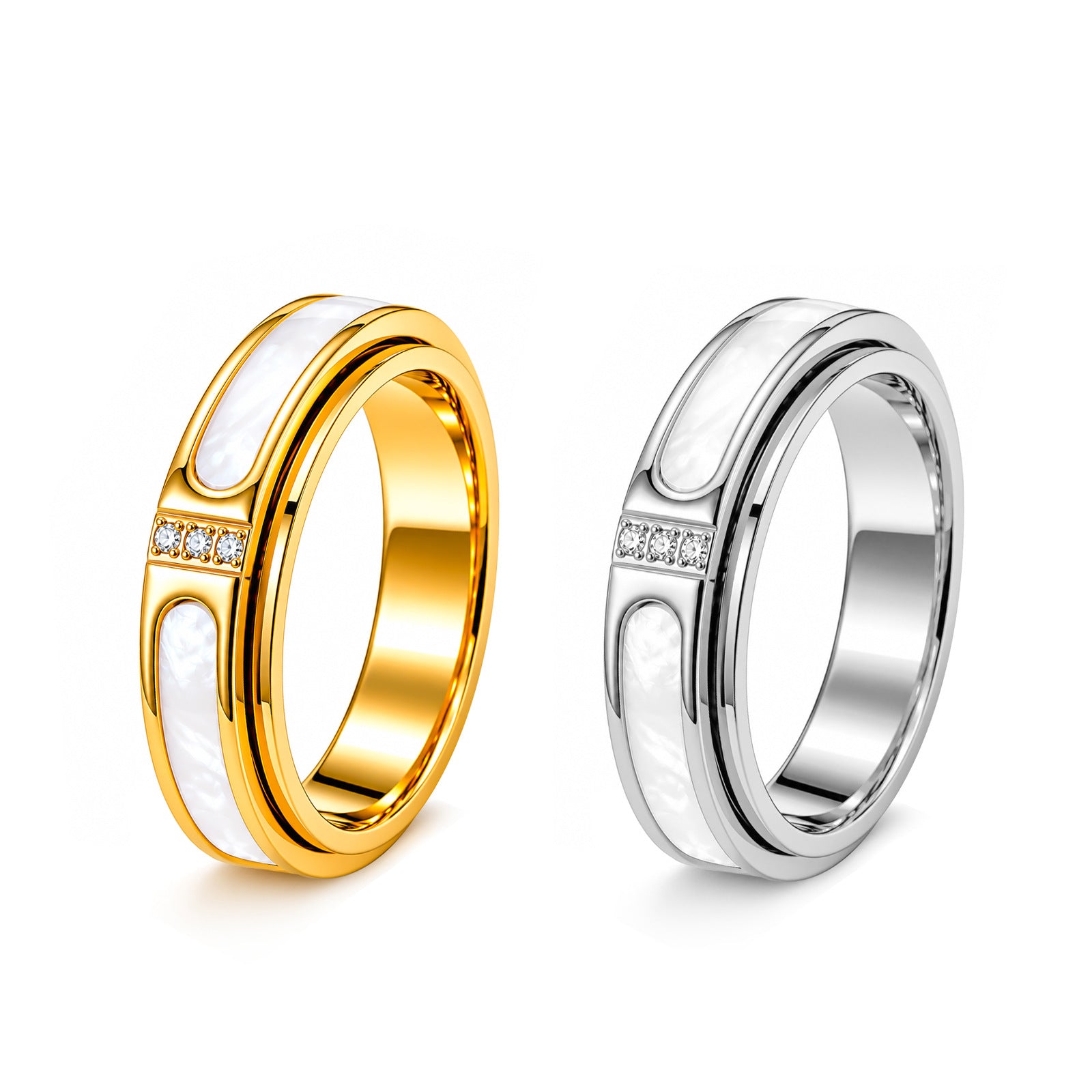 Wholesale White Shell Rotating Inlaid Ring Stainless Steel Gold Plated Fashion Accessory