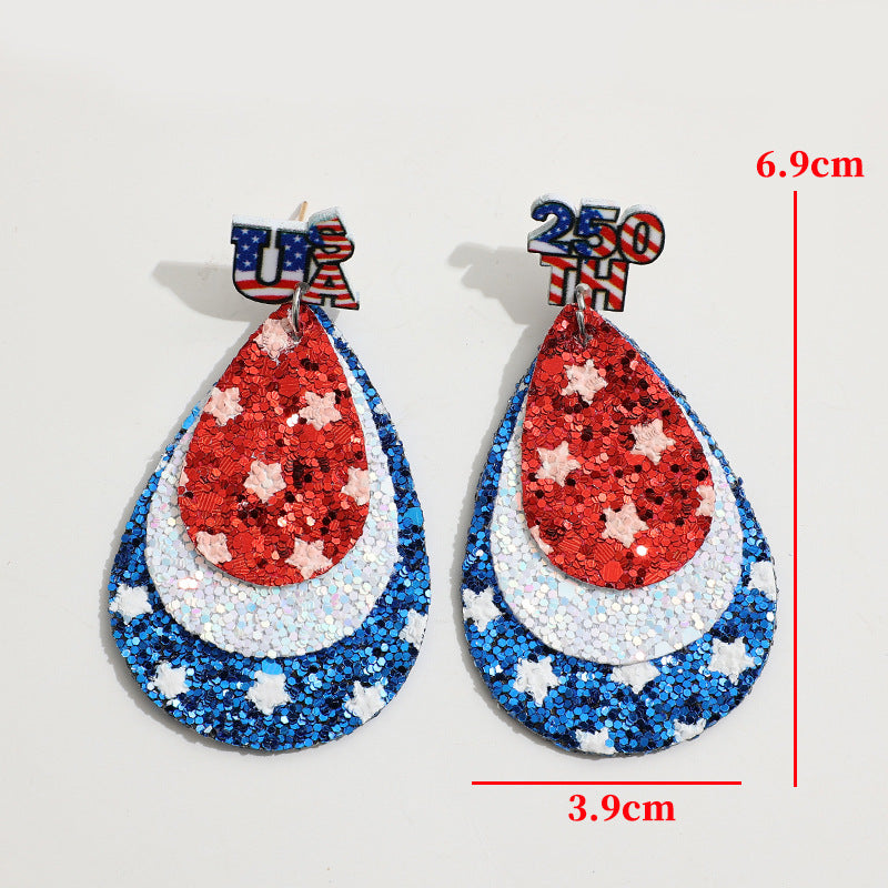 Wholesale Thre Layer Teardrop American Flag and Star Sequin Earrings