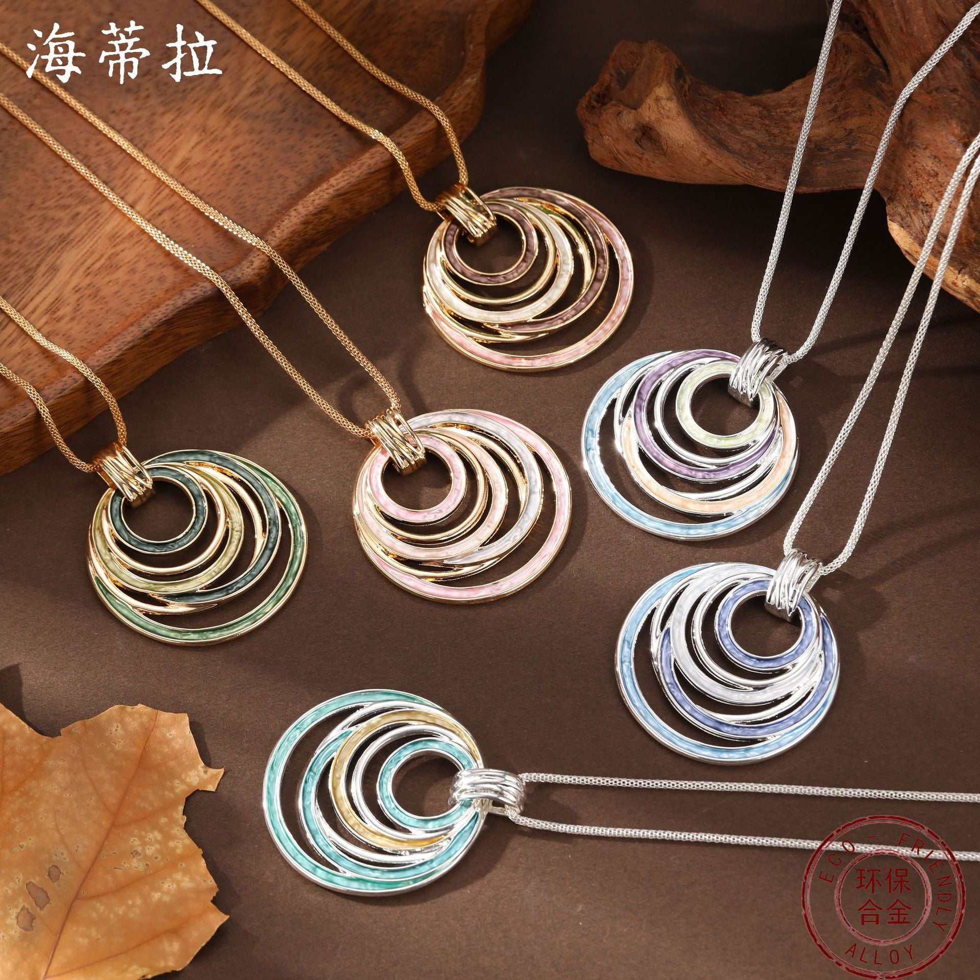Wholesale  Enamel Ring Hollow Geometric Line Pendant Personalized  Necklace